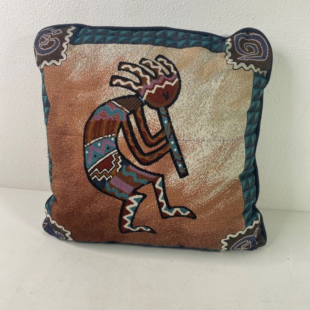 Southwestern Kokopelli Tapestry Throw Pillow Woven Flute Player Fertility Dancer